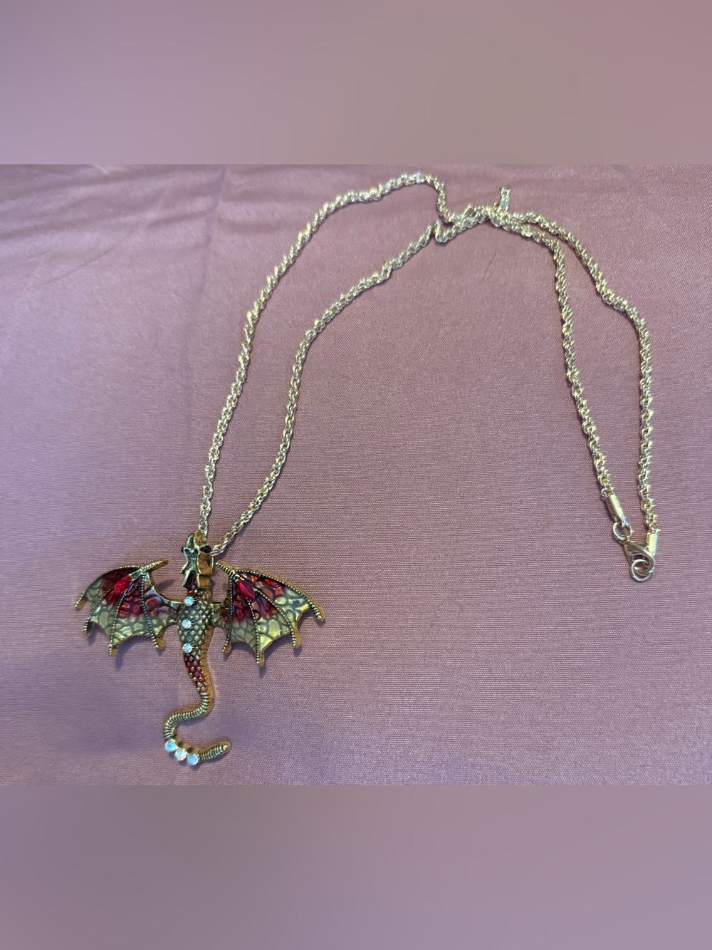 Gold Dragon Pendant Necklace with Red and Green Wings - Unbranded
